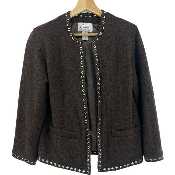 Vintage Jackets & Blazers - VTG 90s Linea Louis Dell'Olio Wool Boucle Jacket Suede Trim Gold Grommet XS/S